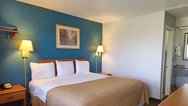 A hotel room with a large bed, two bedside lamps, a painting on the wall, and a wooden nightstand with a phone.