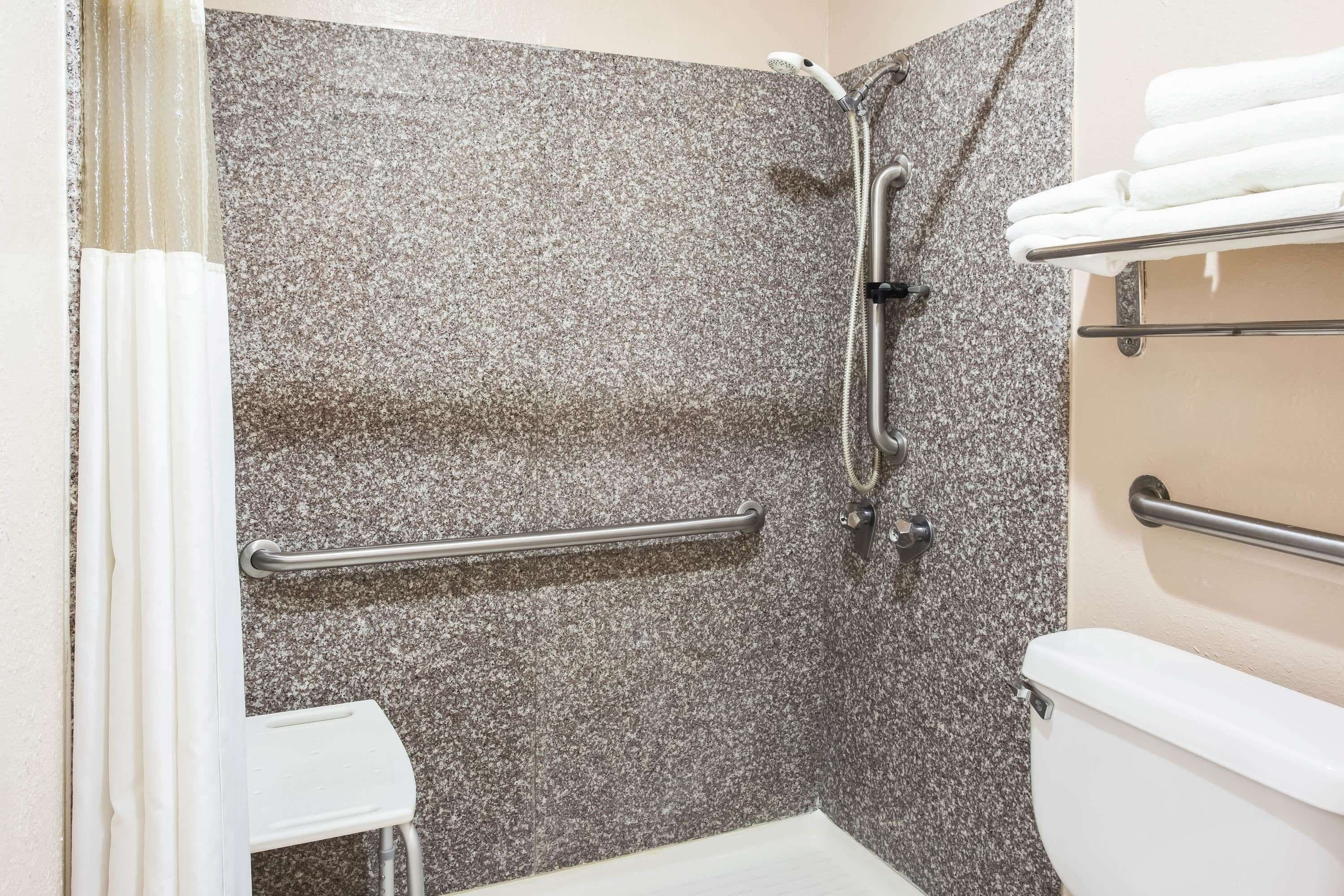 Une salle de bain équipée d’une douche, de barres d’appui, de toilettes et d’un porte-serviettes.