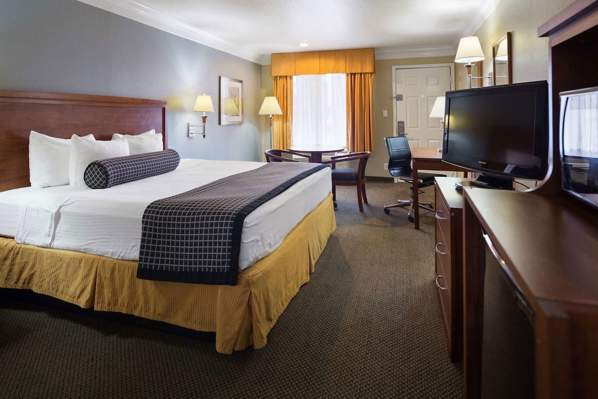 Quarto de hotel com uma cama, uma escrivaninha com televisão, uma cadeira e uma janela com cortinas.