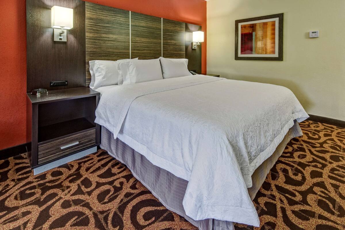 A hotel room with a large bed, a nightstand, a wall-mounted lamp, and a framed picture on the wall.