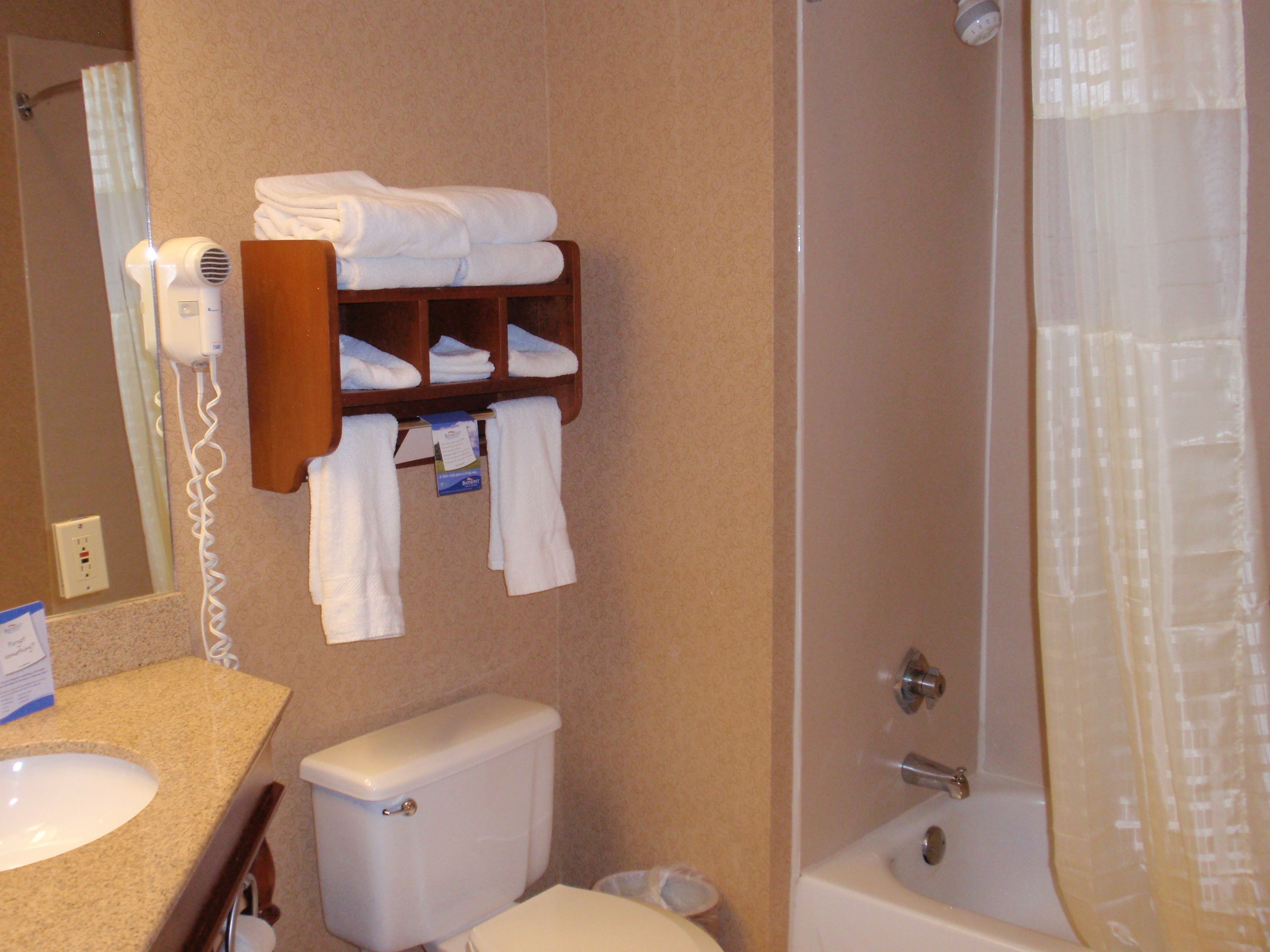 A bathroom with a toilet, sink, and shower. There is a towel rack with folded towels and a hairdryer on the wall.