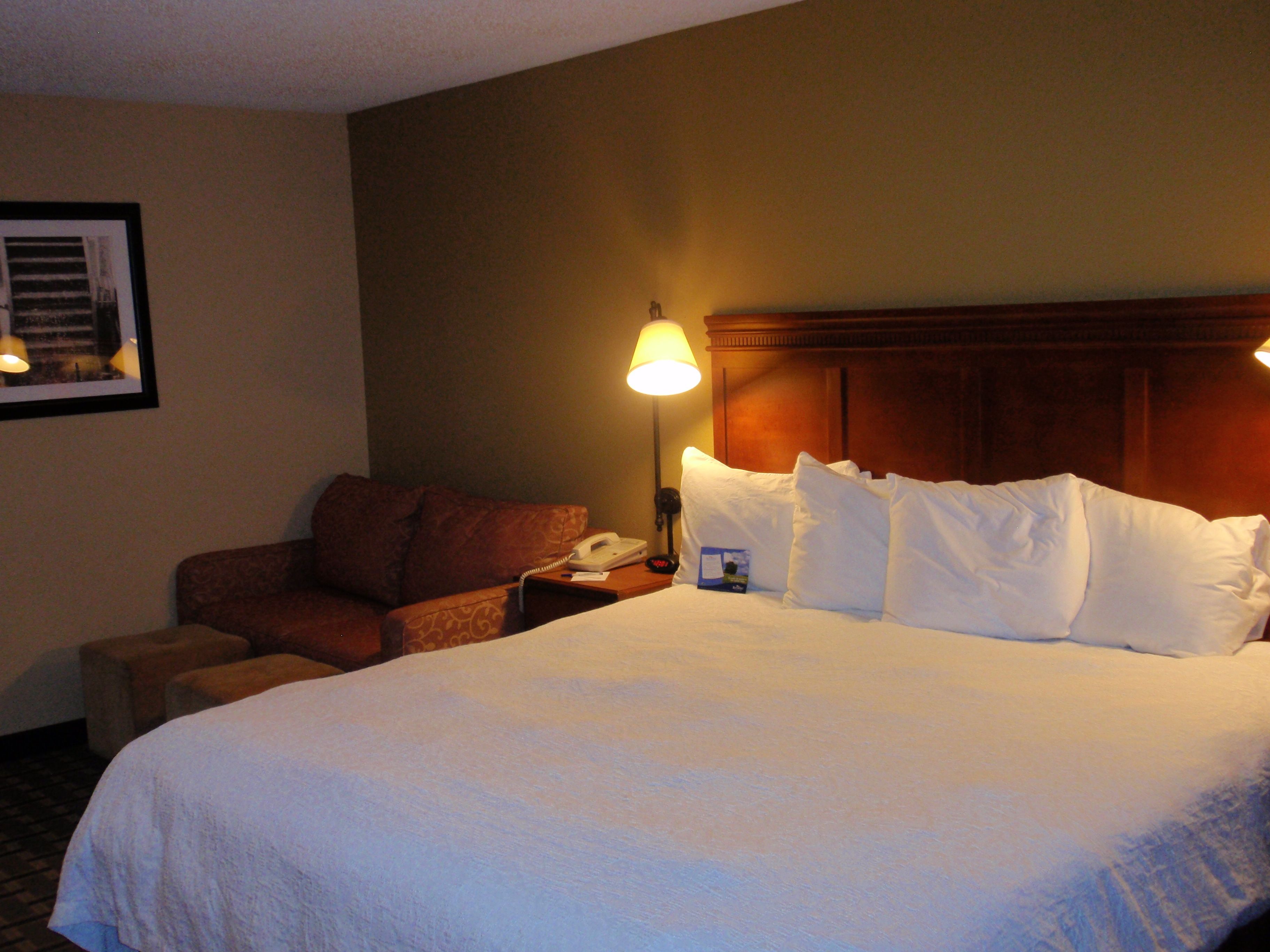 A hotel room with a large bed, a nightstand with a lamp, a telephone, and a framed picture on the wall.