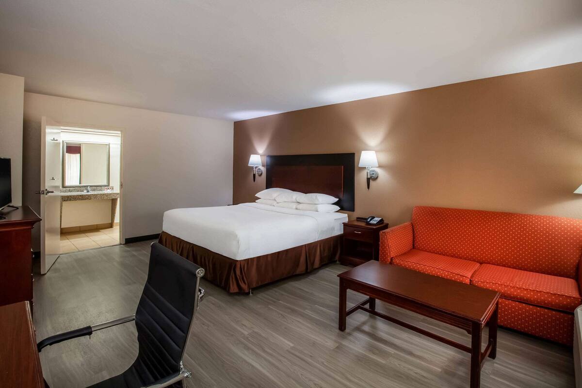 A hotel room with a bed, a sofa, a desk, a chair, and a TV.