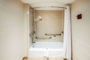 Combined shower/tub, free toiletries, hair dryer, towels