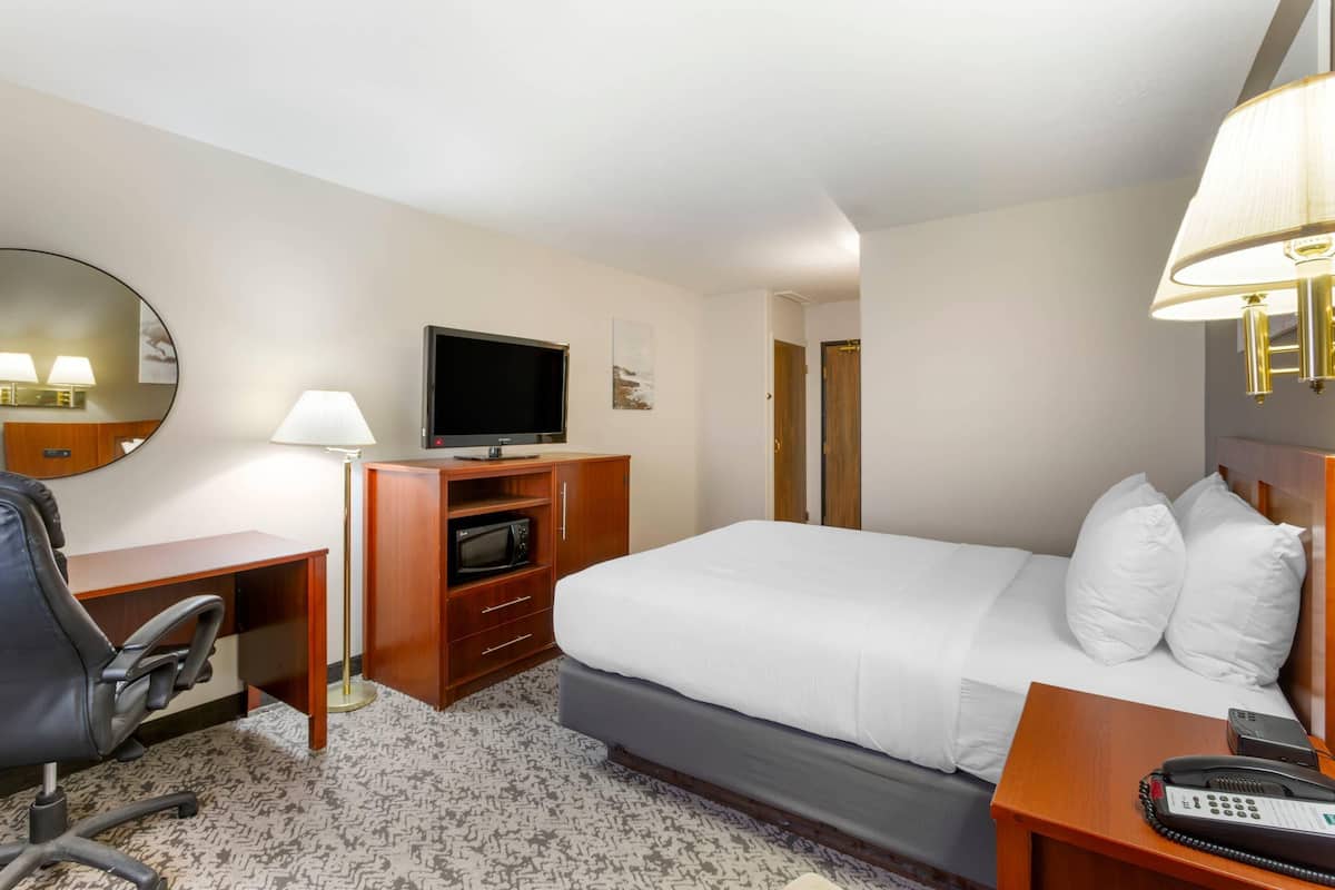 A hotel room with a bed, a desk with a chair, a television, a lamp, and a telephone.