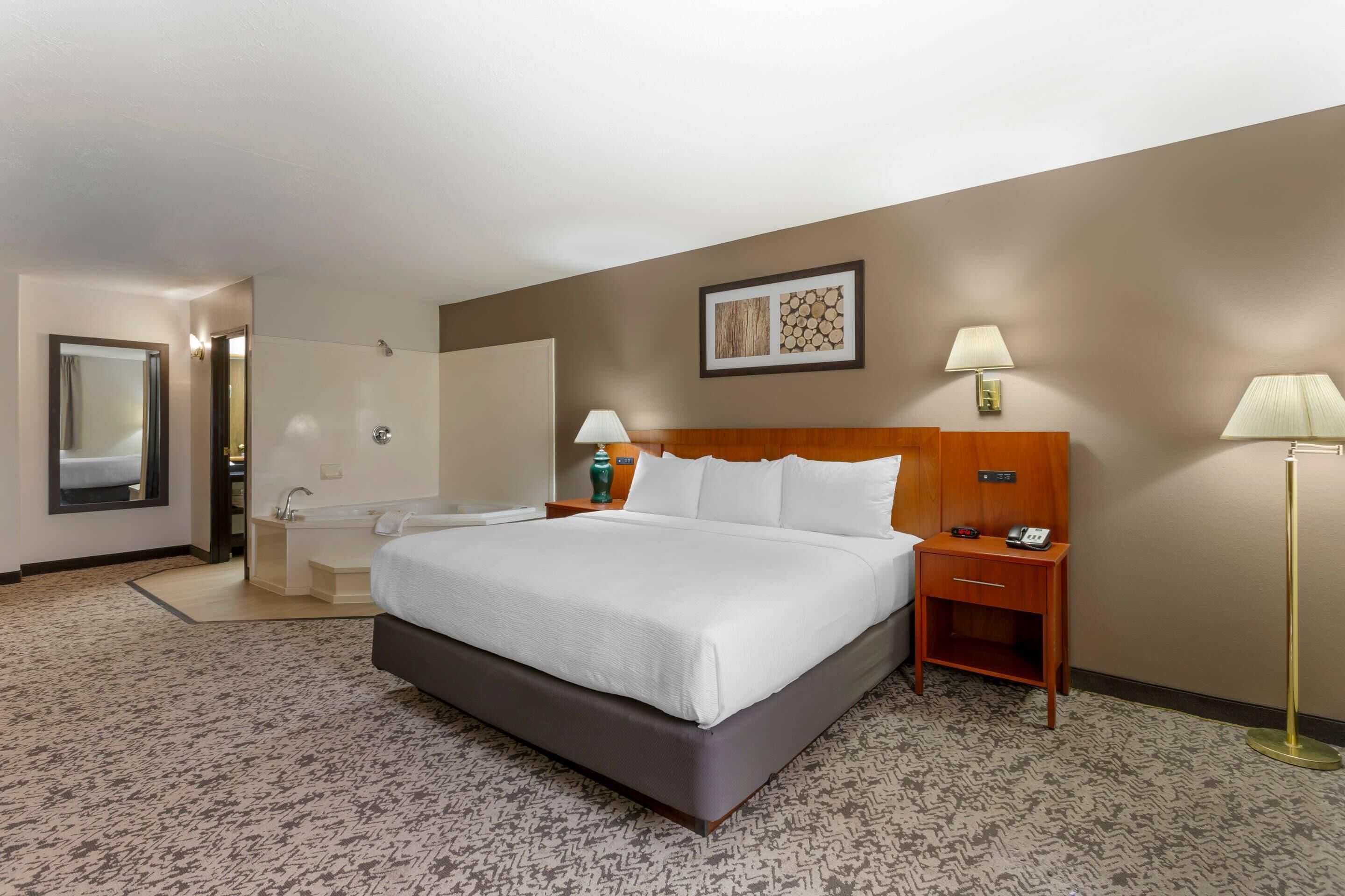A hotel room with a large bed, a bedside table with a lamp, a nightstand with a phone, a wall-mounted artwork, and a bathroom with a shower and toilet.