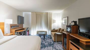 Laptop workspace, blackout curtains, iron/ironing board