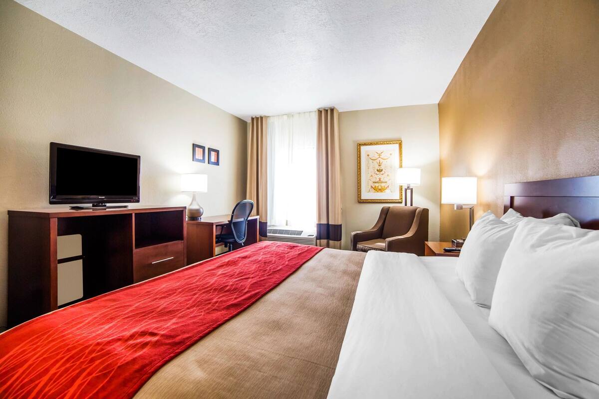 Quarto de hotel com cama, escrivaninha, televisão, cadeira e luminária.