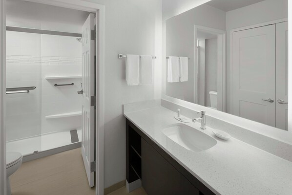 Une salle de bain moderne avec un lavabo blanc, un grand miroir et un espace douche.
