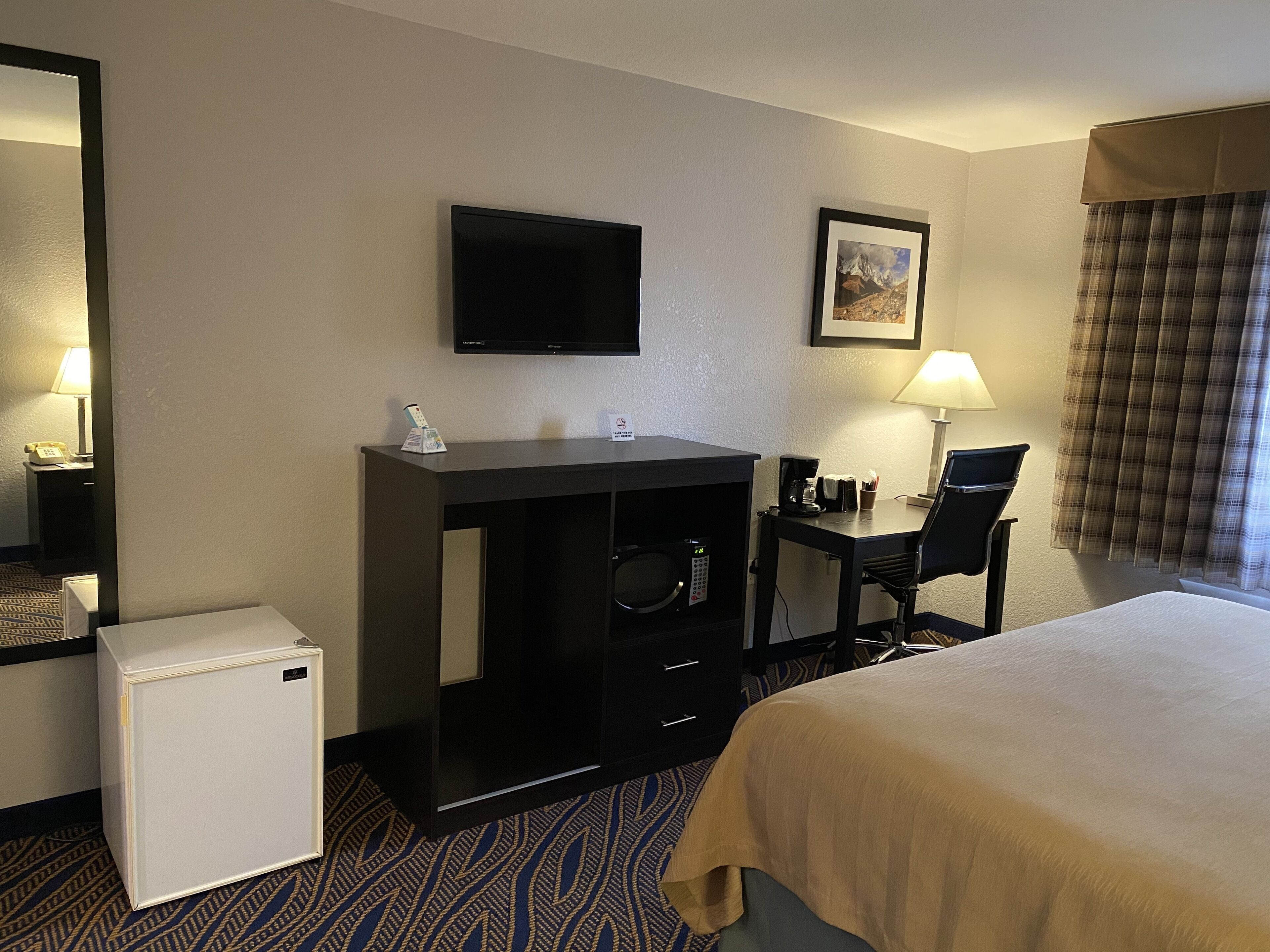 A hotel room with a bed, a desk with a chair, a television, a small refrigerator, a coffee maker, and a framed picture on the wall.