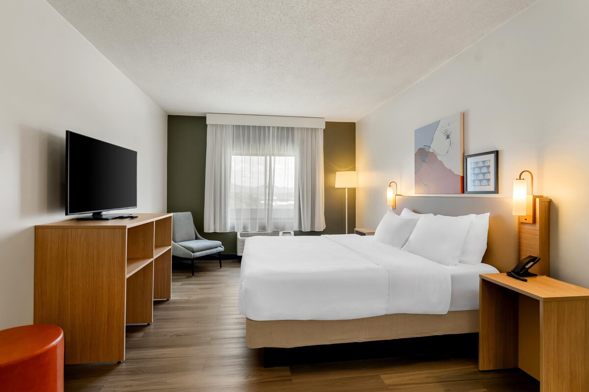 Una camera d'albergo con un letto, una TV, una scrivania, una sedia e una lampada.
