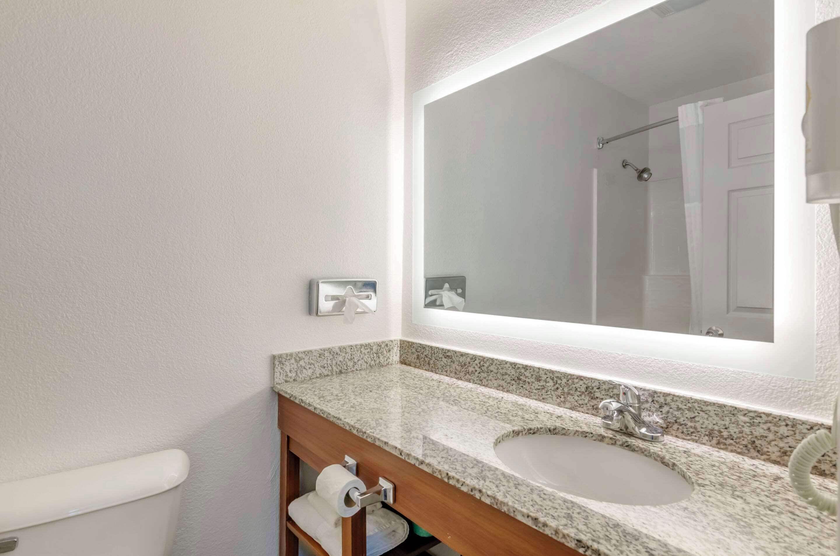 Ein Badezimmer mit Granitwaschtisch, Spiegel und Toilette.