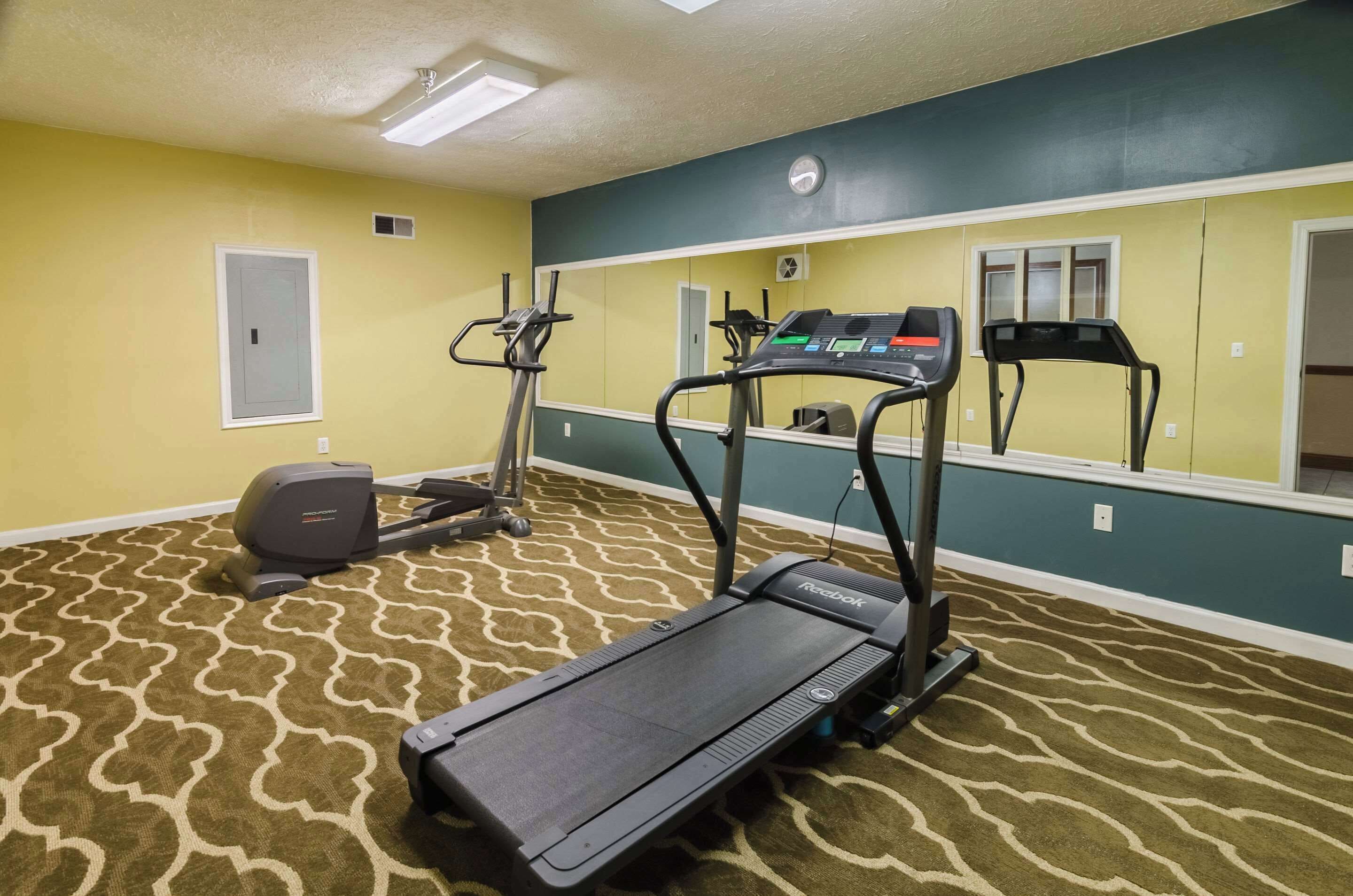 Gimnasio con cintas de correr, bicicleta estática y pared de espejos.
