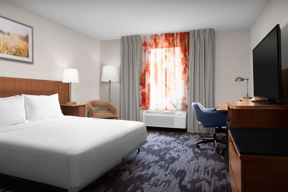 1 bedroom, desk, blackout curtains, iron/ironing board