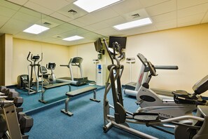 Une salle de sport équipée de machines de cardio, de machines de musculation et d’haltères.