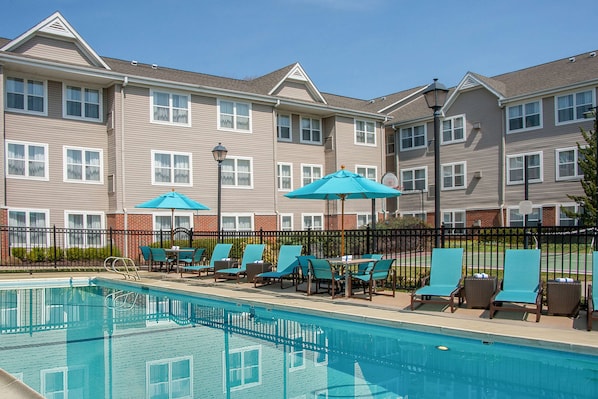 Seasonal outdoor pool, sun loungers