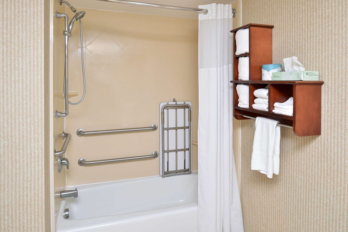 One King Bed, Non-Smoking, Accessible | Bathroom | Combined shower/bathtub, free toiletries, towels