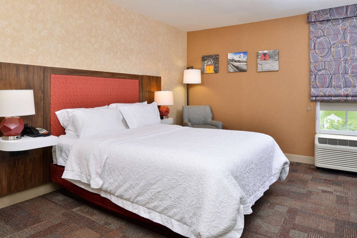 A hotel room with a large bed, a nightstand with a lamp, a chair, and artwork on the wall.