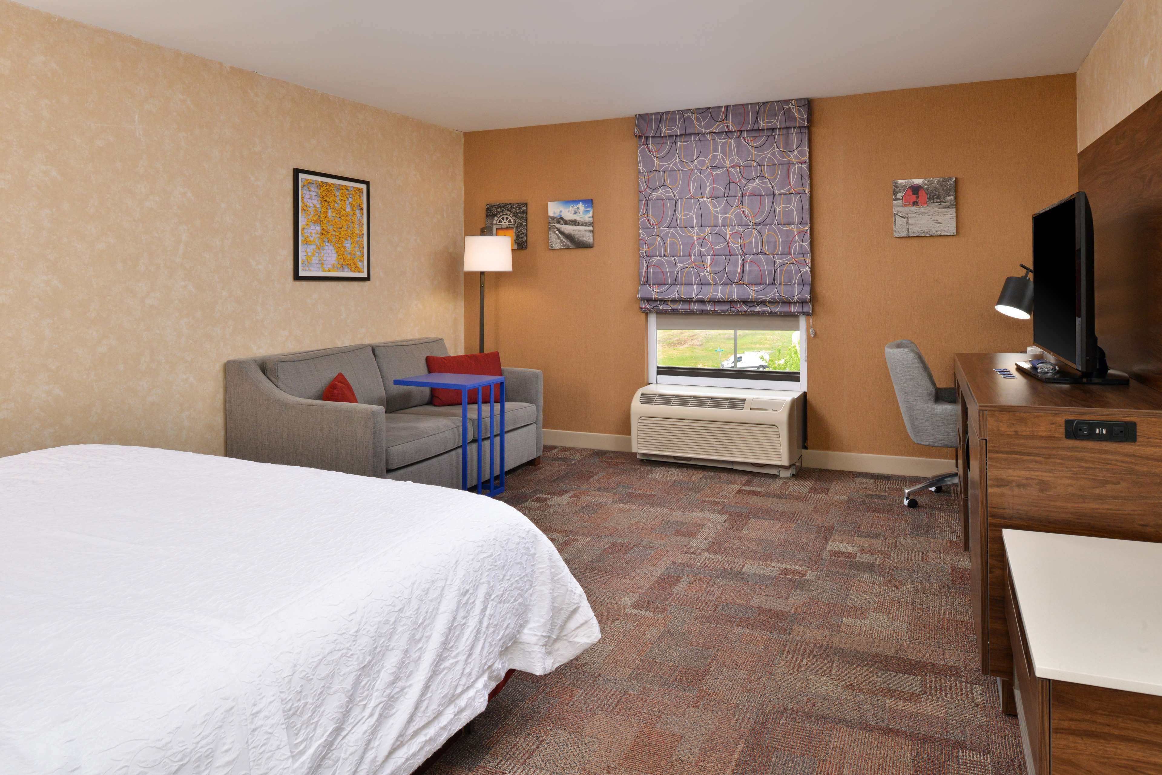 A hotel room with a bed, a sofa, a desk, and a television.