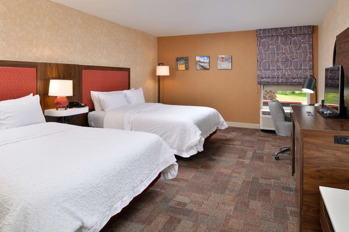 A hotel room with two beds, a desk, a chair, a TV, and a window with a view.