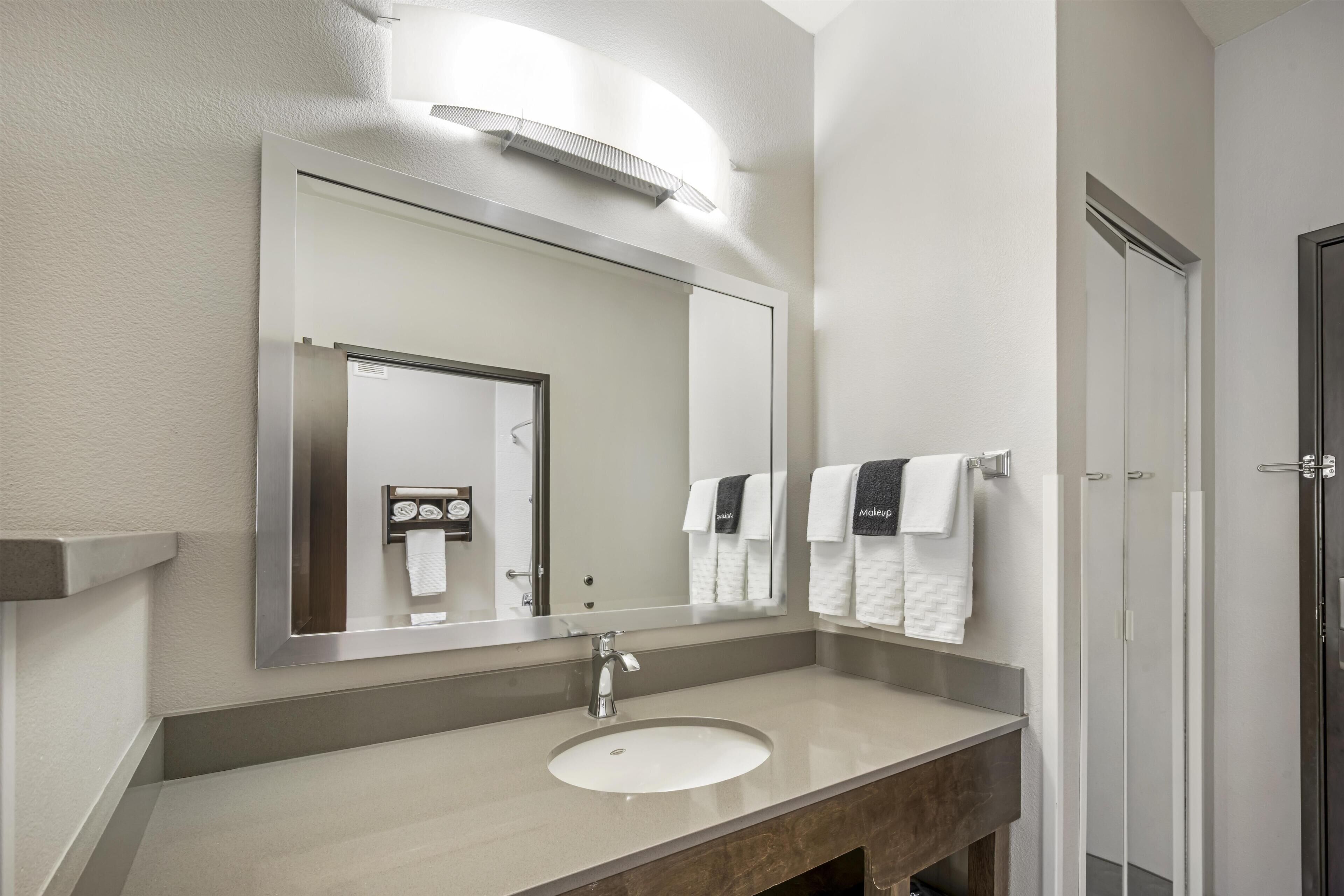 Une salle de bain avec un grand miroir, un lavabo et un espace douche.