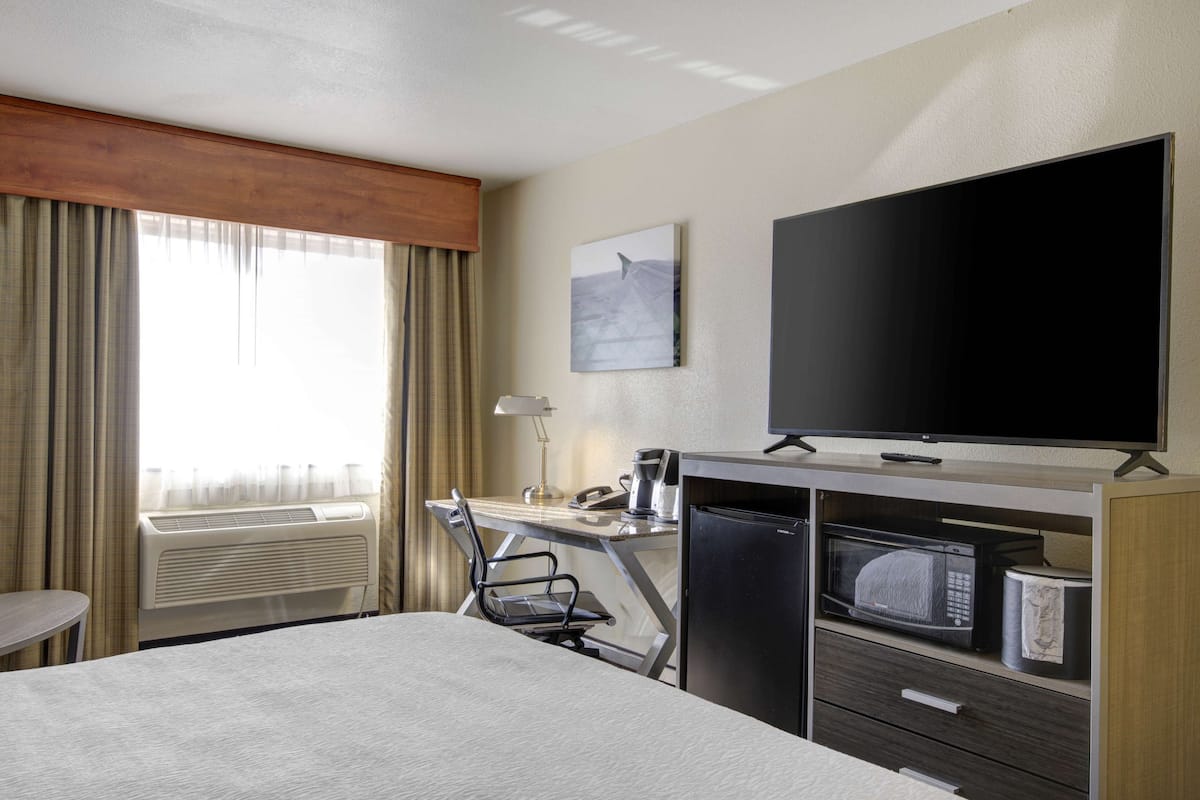 Standaard kamer, 1 kingsize bed, toegankelijk voor mindervaliden, niet-roken (Walk-in Shower) | Een bureau, een laptopwerkplek, een strijkplank/strijkijzer