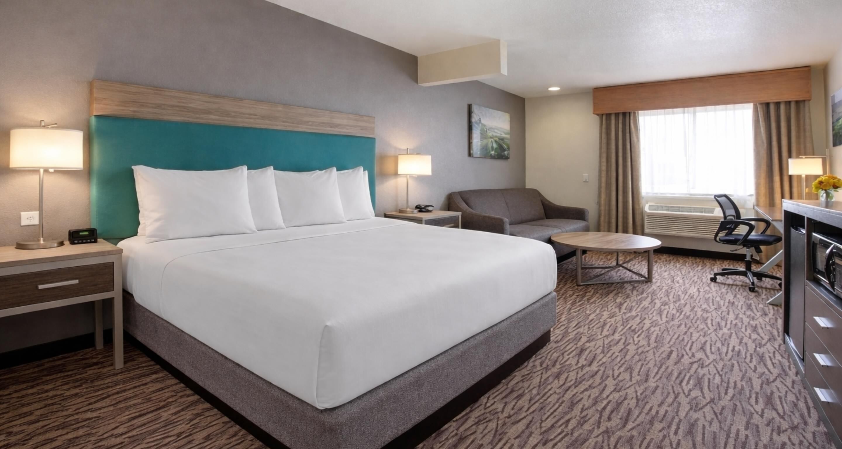 Desk, laptop workspace, iron/ironing board, free cribs/infant beds