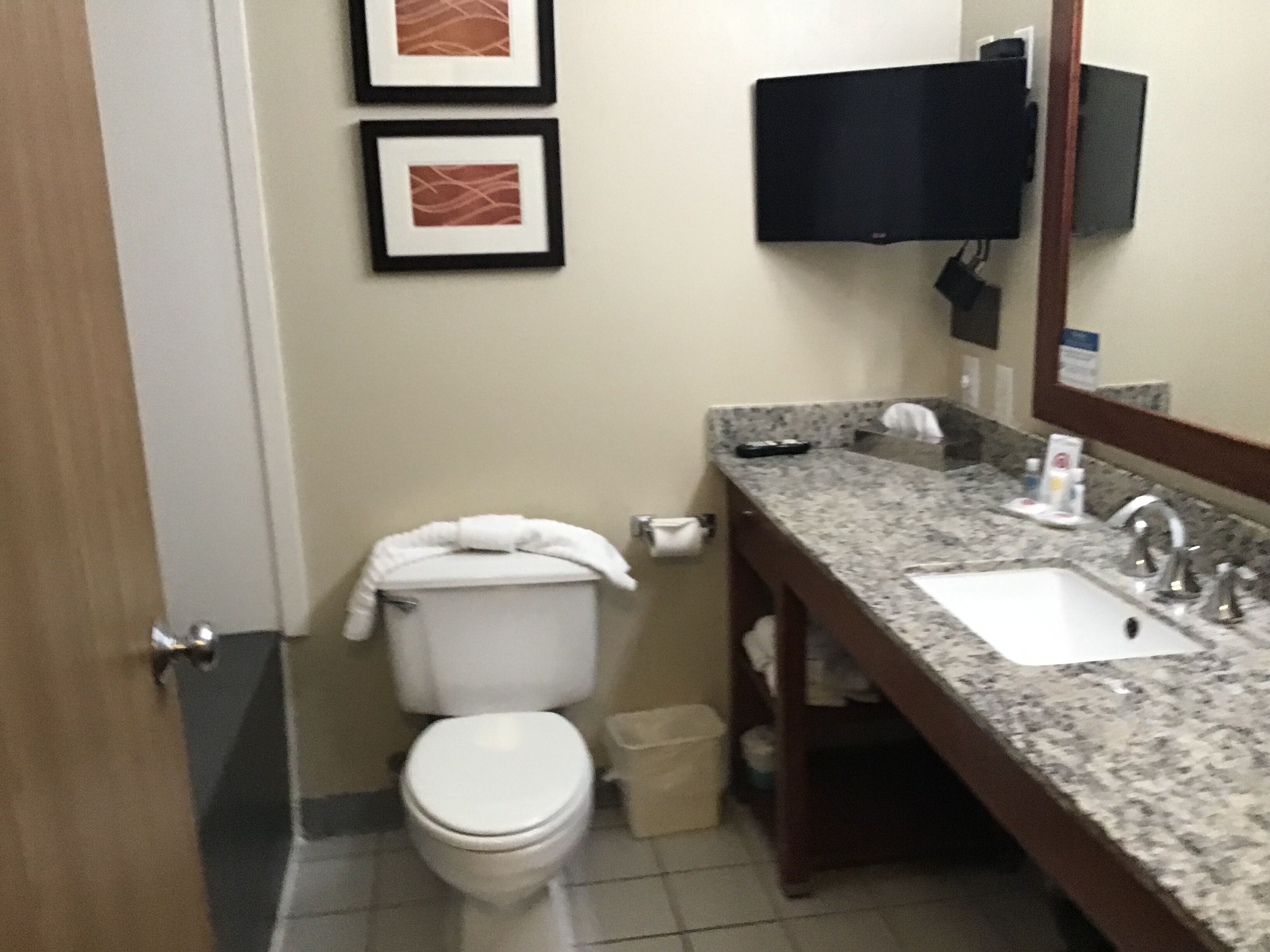 A bathroom with a toilet, sink, and a television mounted on the wall.