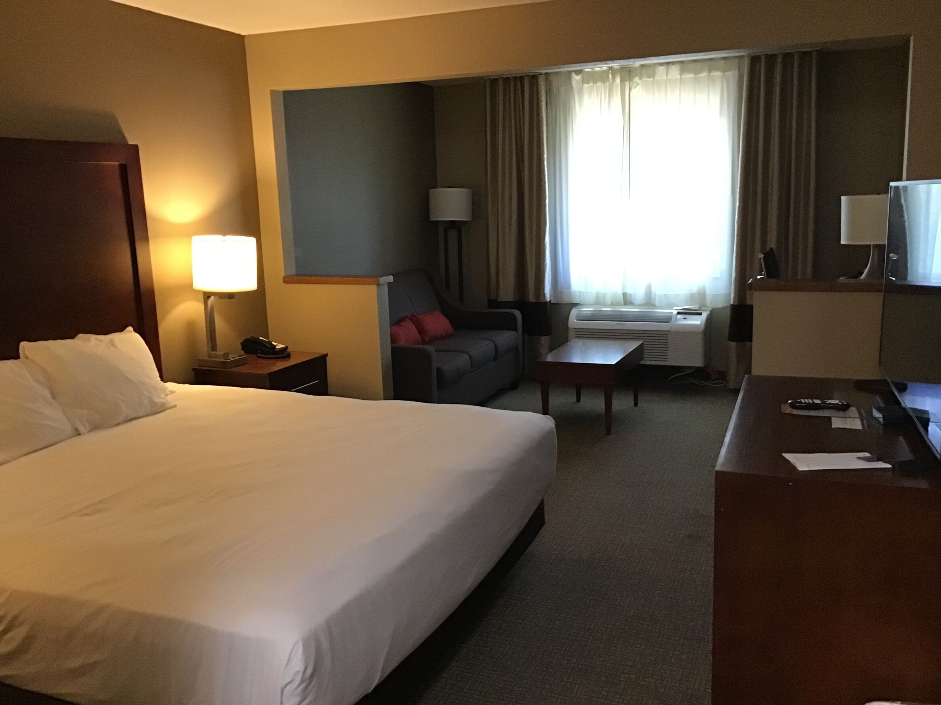 A hotel room with a large bed, a desk, a chair, a sofa, and a TV.