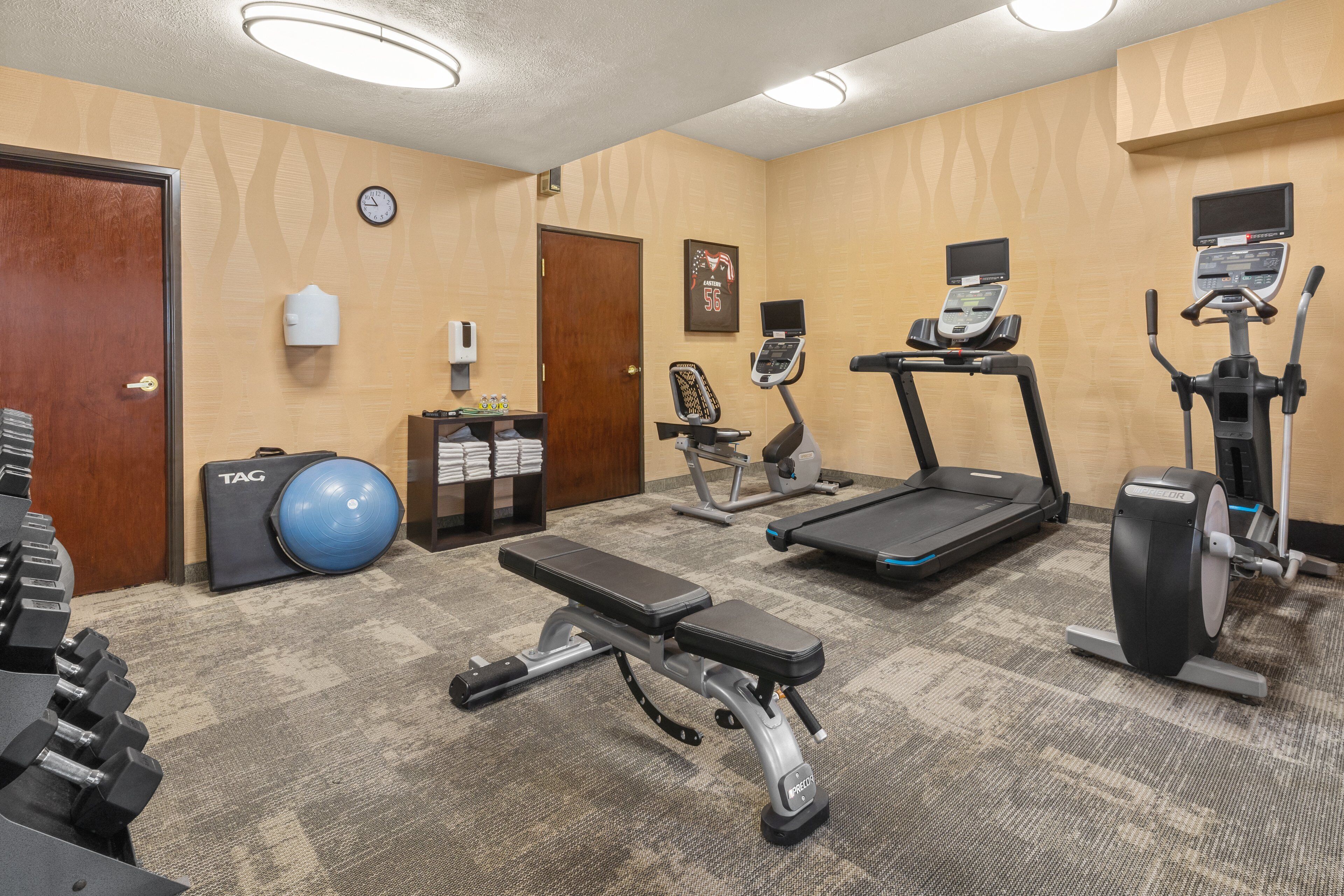 A gym with treadmills, an elliptical, a bench, dumbbells, and a yoga ball.
