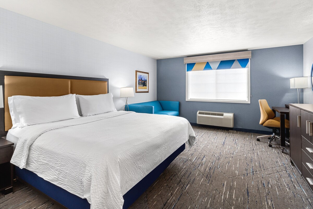 A hotel room with a large bed, a desk, a chair, and a window with a view.