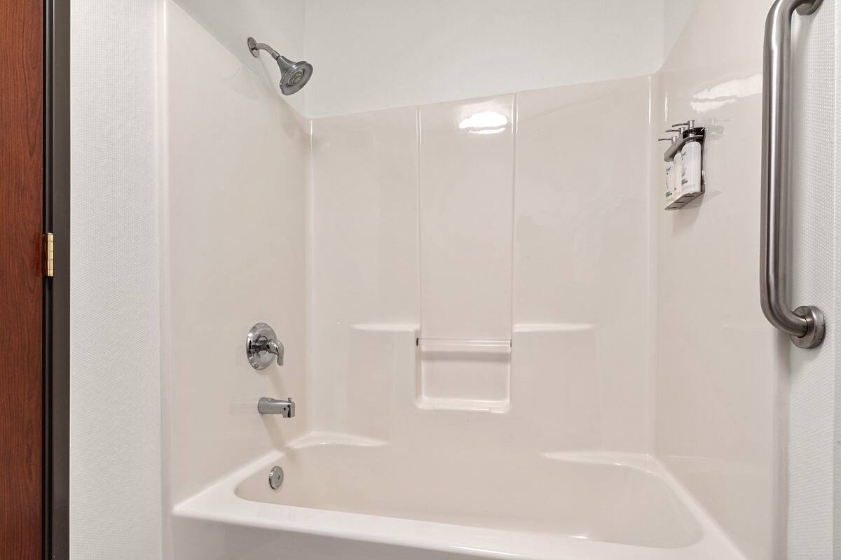 hair dryer, towels, soap, shampoo