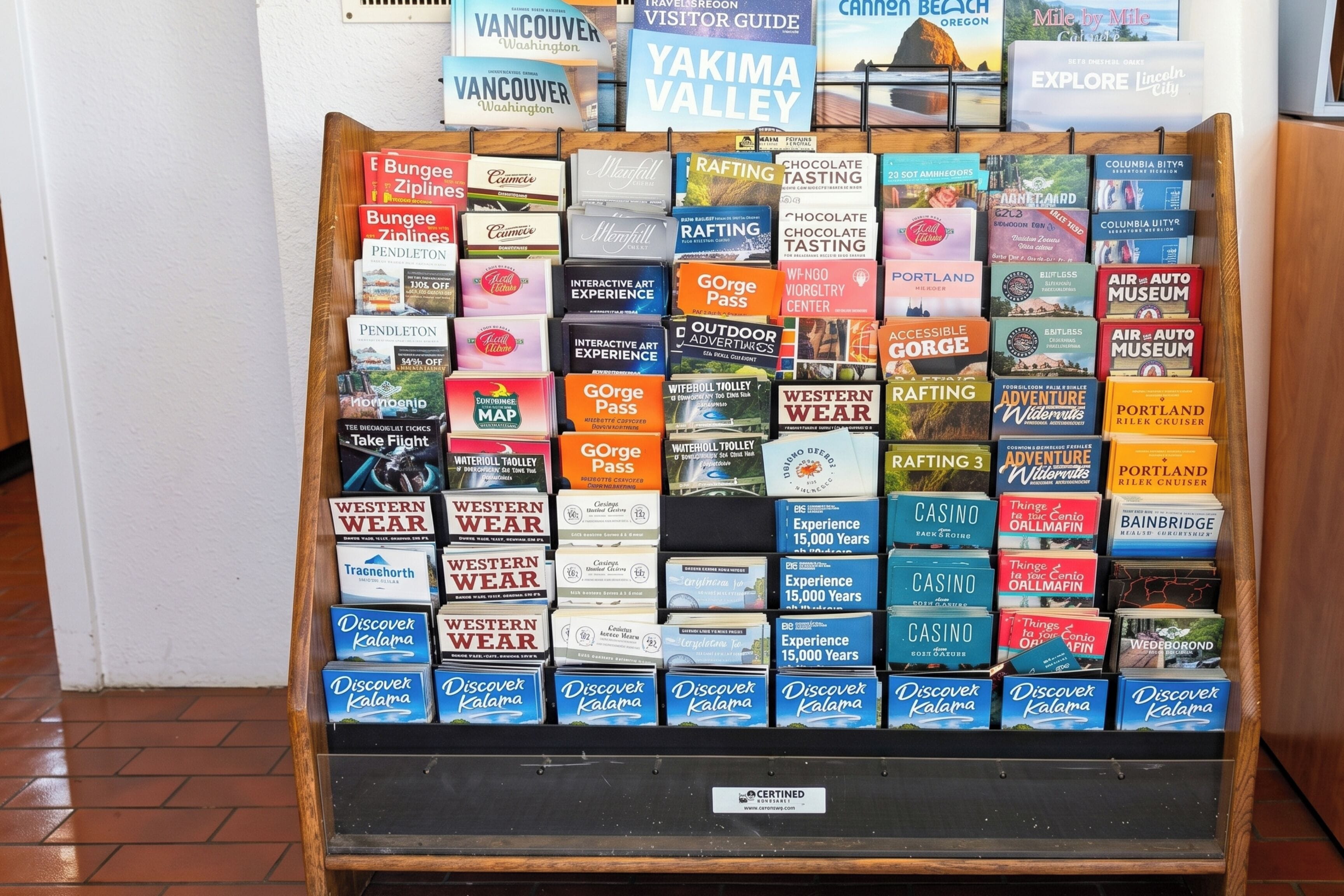 Une sélection de livres de voyage aux titres tels que « Yakima Valley » et « Vancouver ».