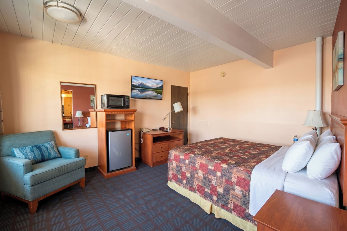 Una habitación de hotel con una cama, un escritorio con computadora, un refrigerador pequeño, un sofá y un televisor.