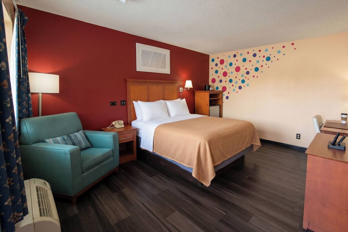 Habitación de hotel con cama, sofá, escritorio y pared con un diseño de lunares de colores.