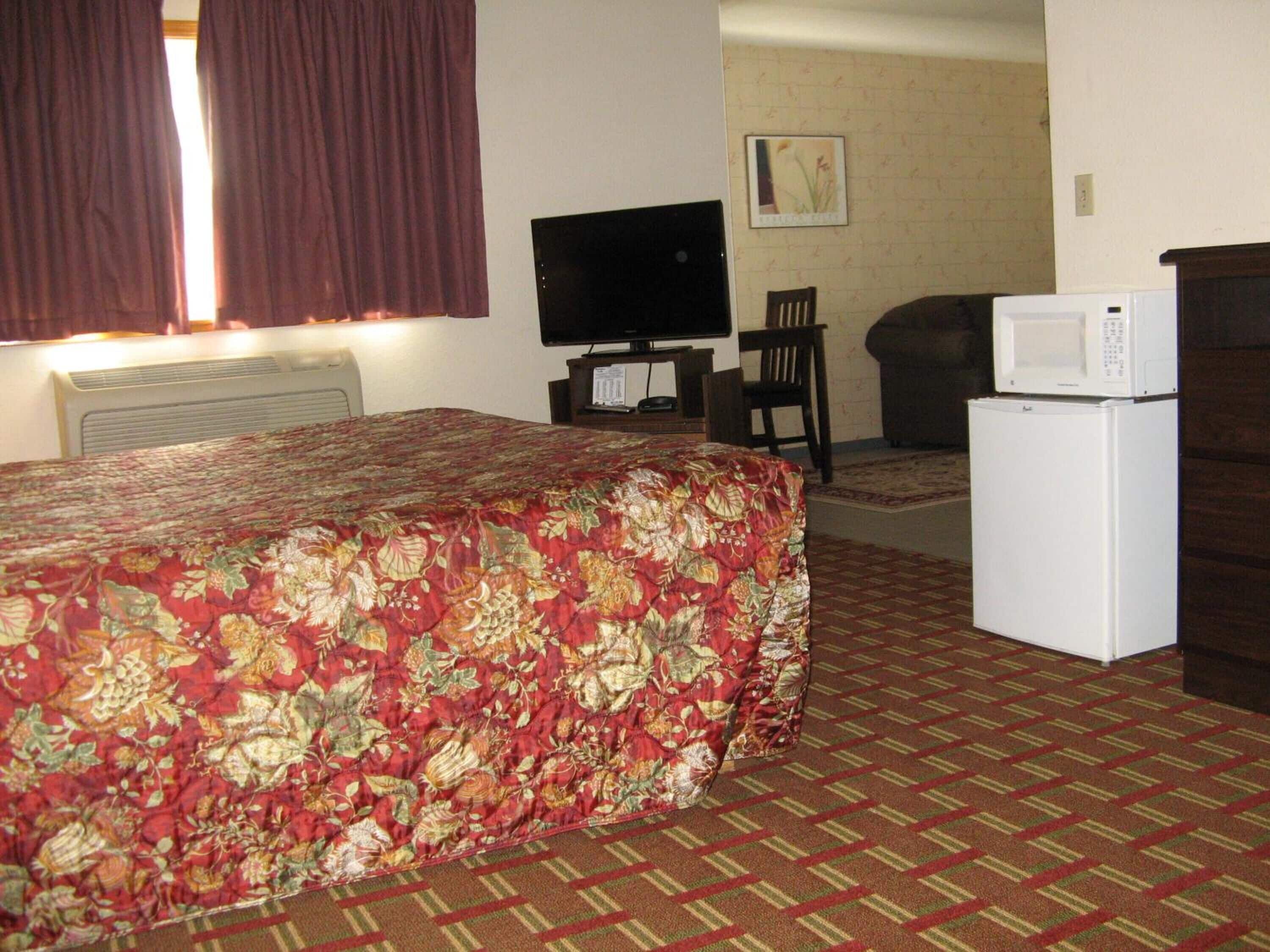 A hotel room with a bed, a television, a microwave, and a refrigerator.