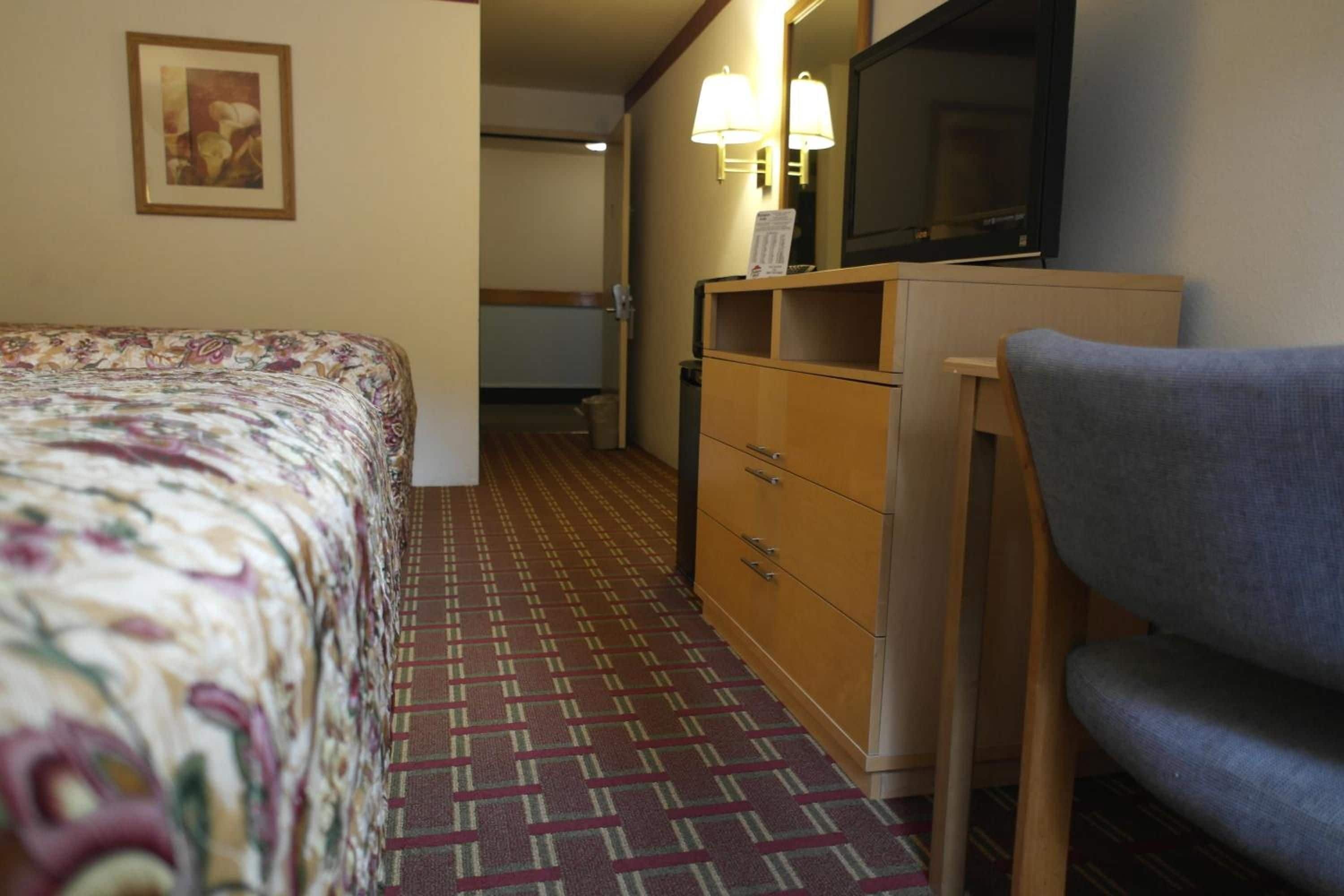 A hotel room with a bed, a desk with a television, a dresser, and a chair.