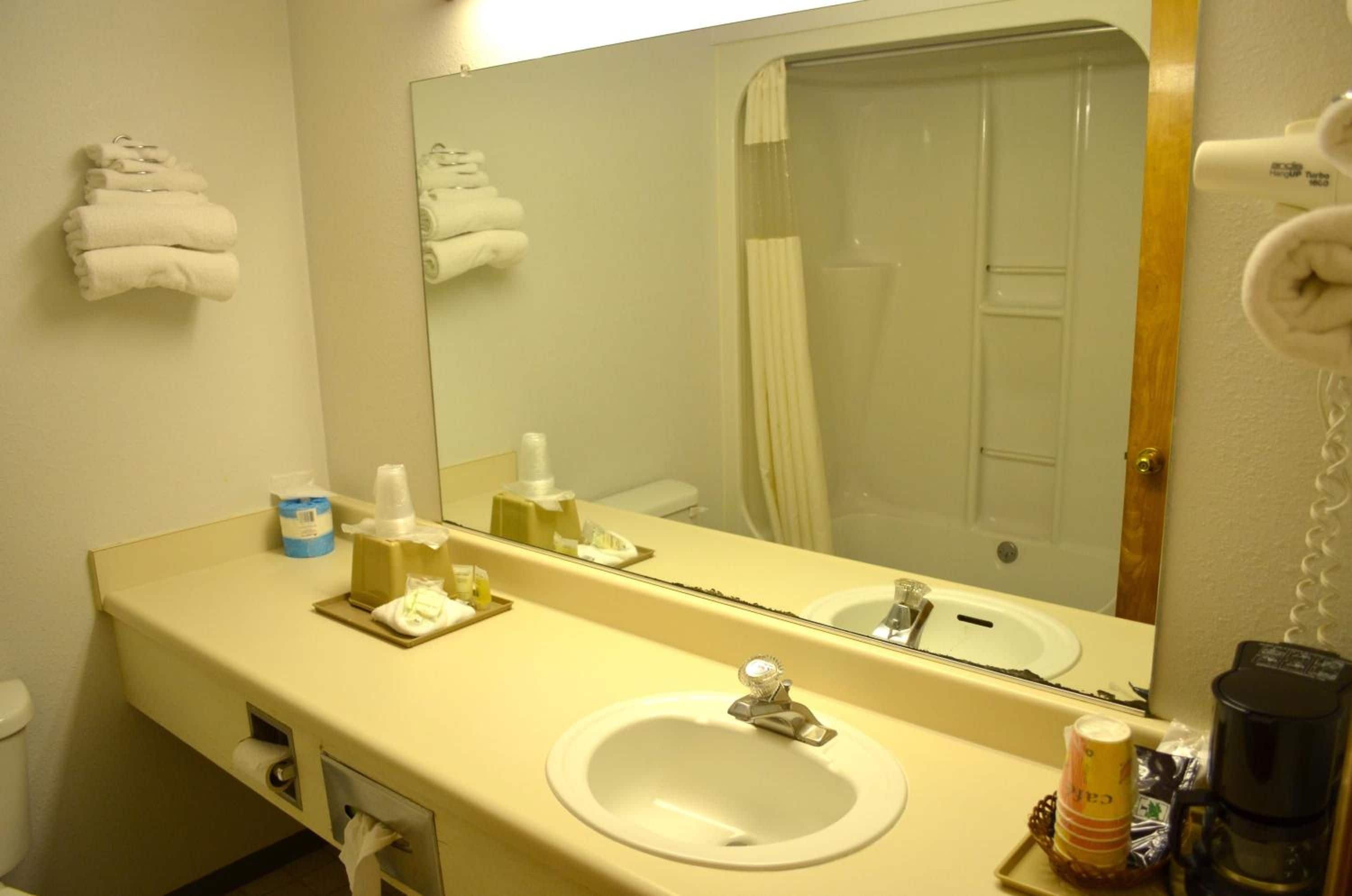 A hotel bathroom with a sink, mirror, and towels.