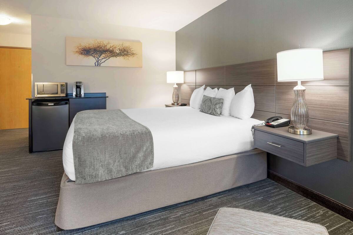 A hotel room with a large bed, bedside lamps, a desk with a microwave, and a coffee maker.