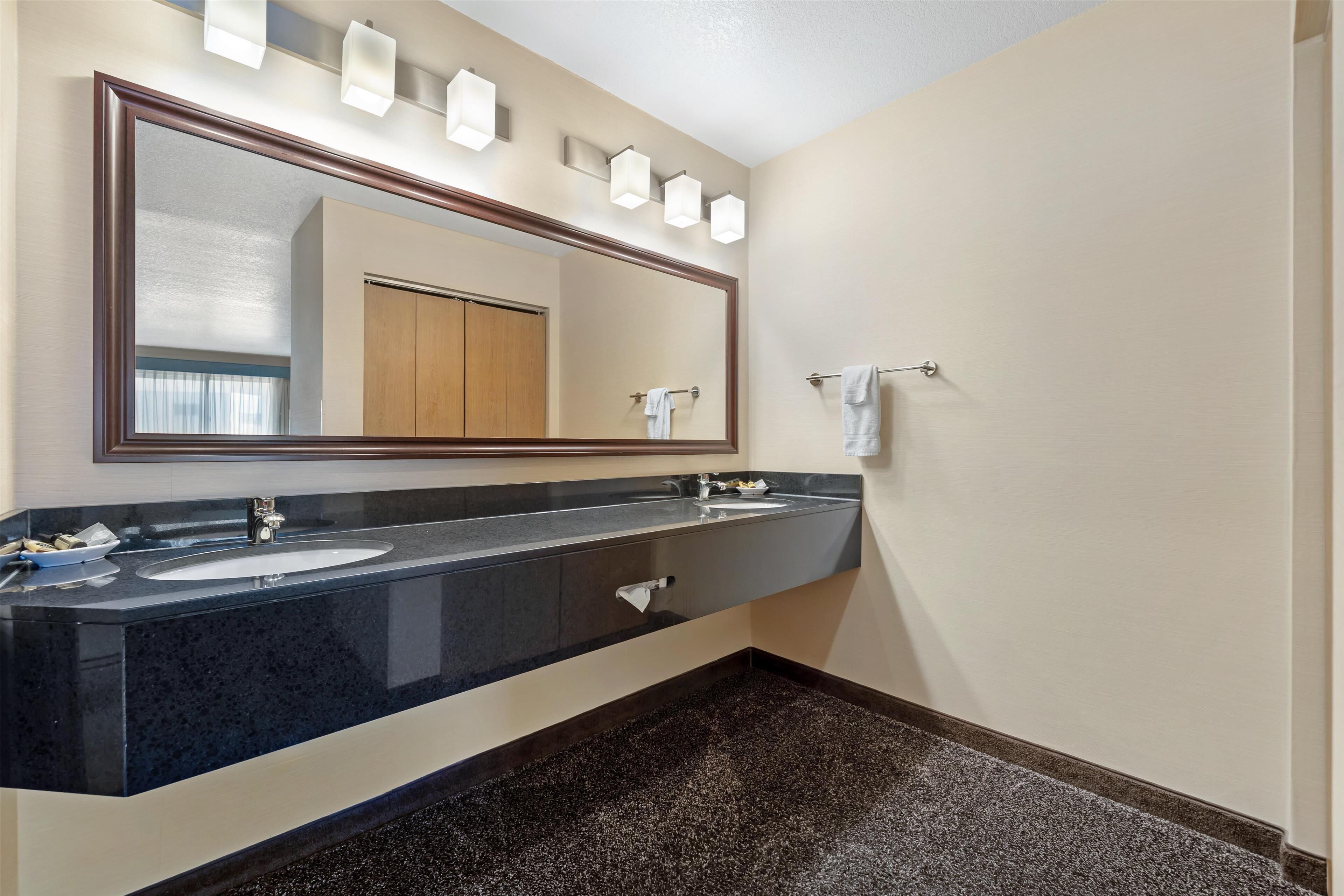 Une salle de bain avec un double lavabo, un grand miroir et un porte-serviettes.