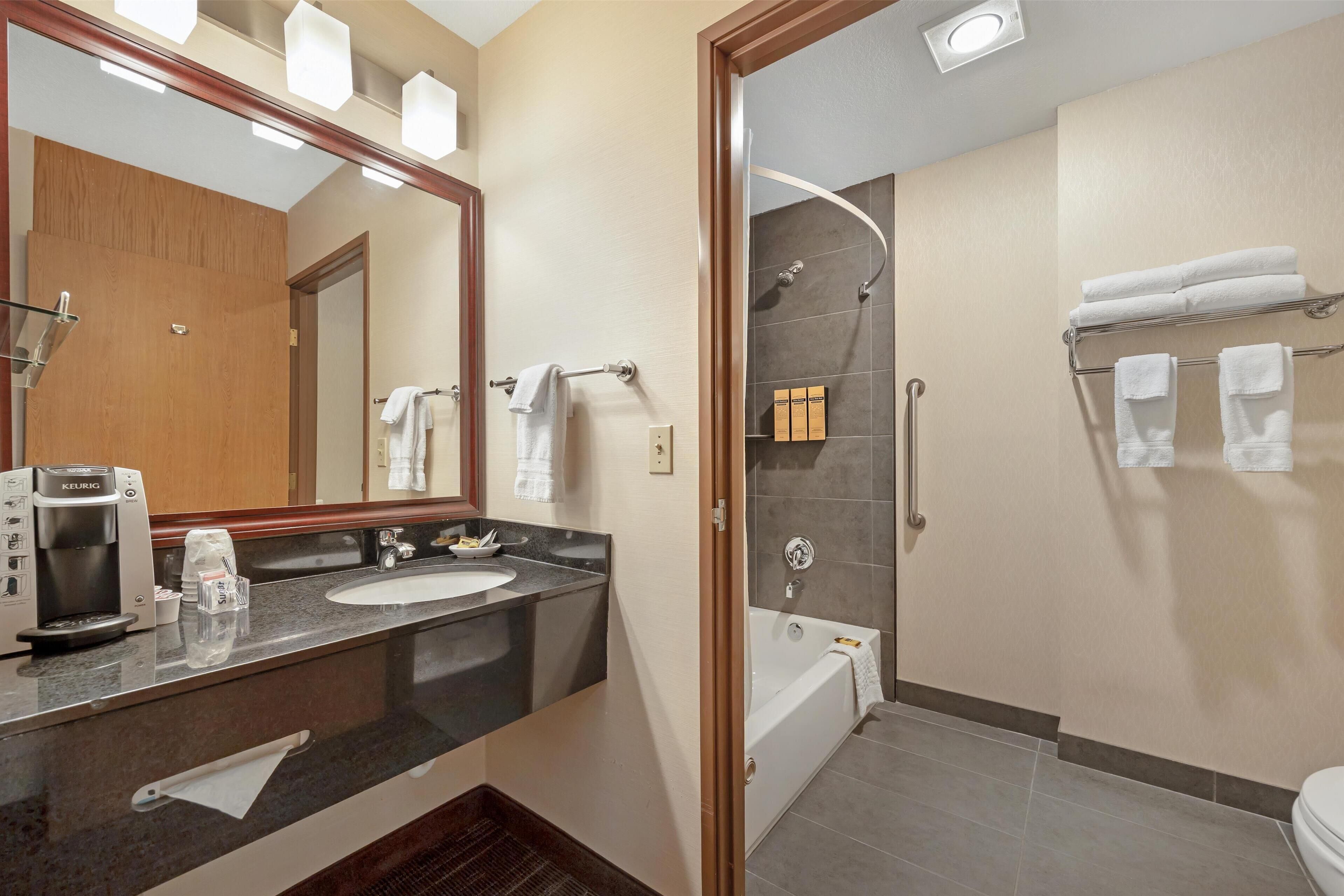 combined shower/bathtub, free toiletries, hair dryer, towels