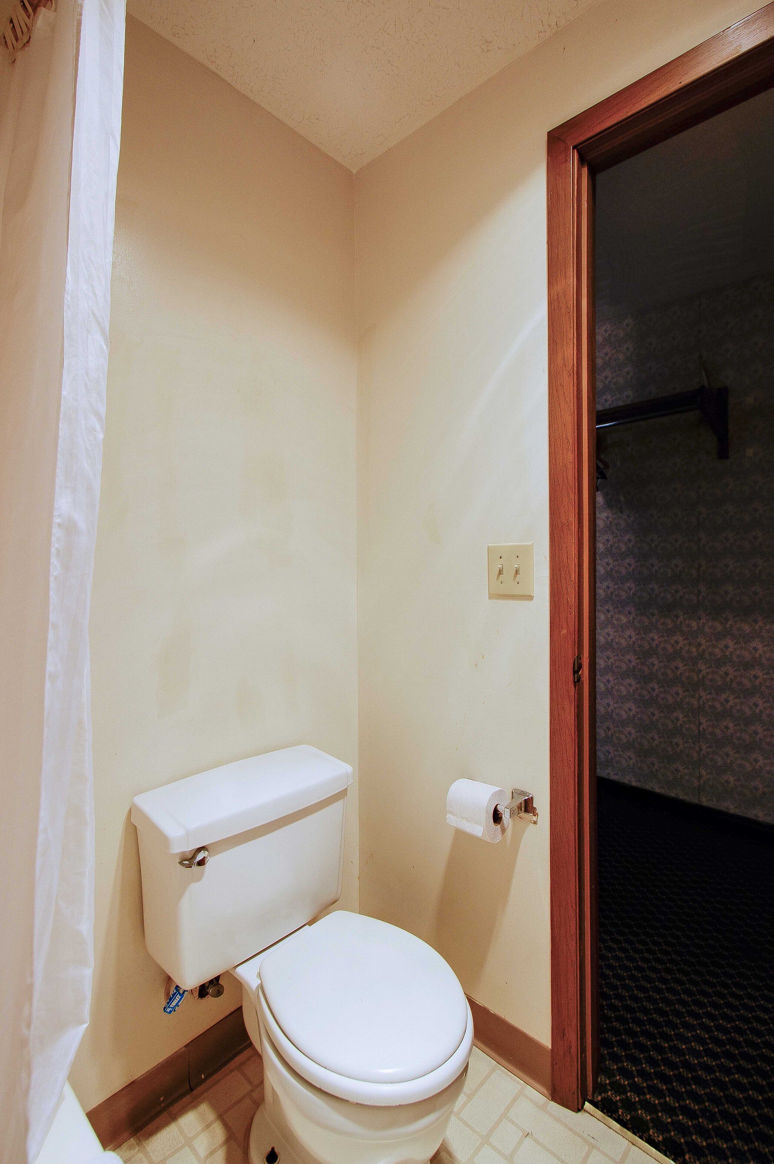 Un baño pequeño y sencillo con inodoro, un rollo de papel higiénico y cortina de ducha.