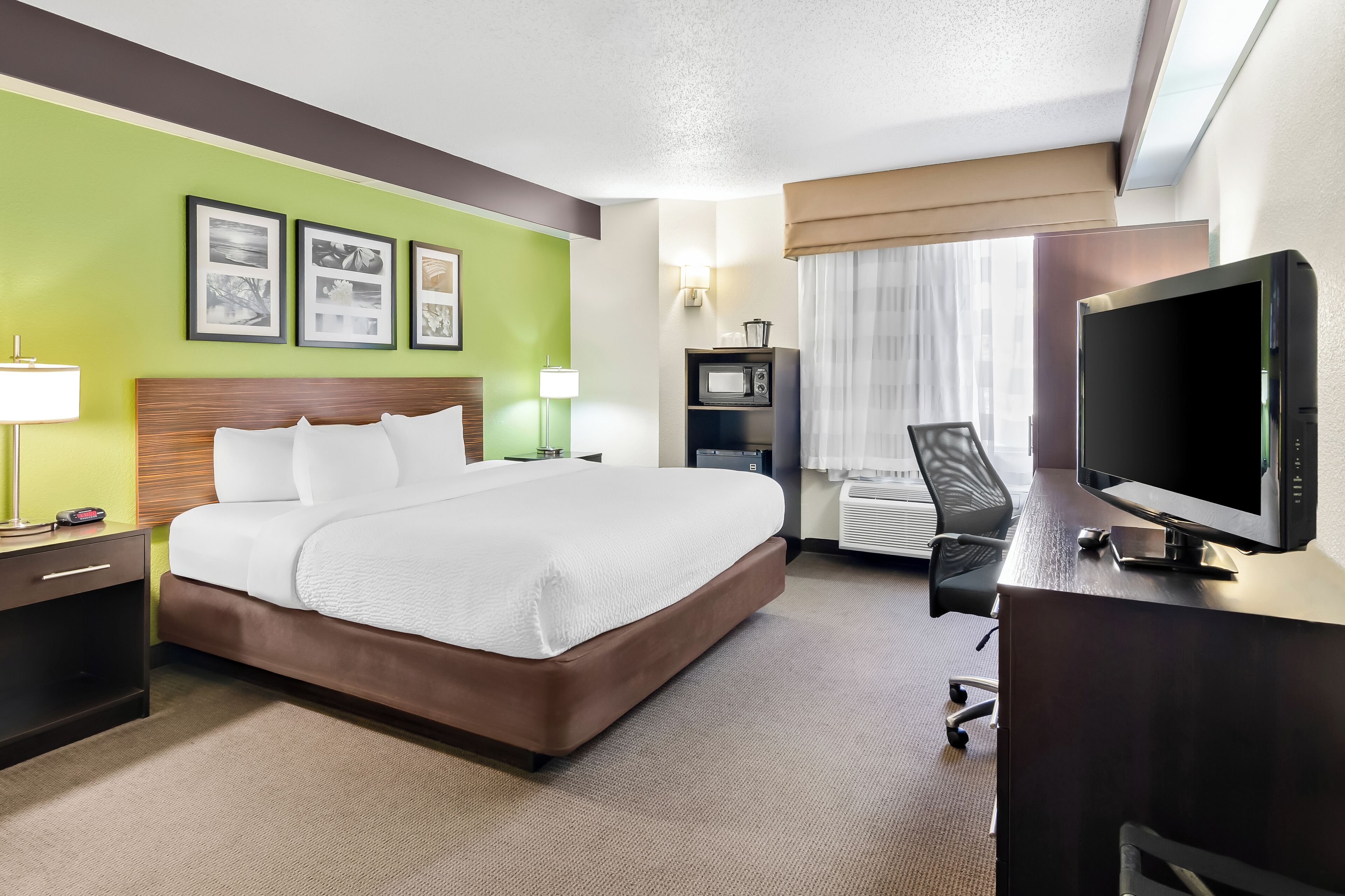 A hotel room with a bed, a desk with a television, a microwave, and a chair.
