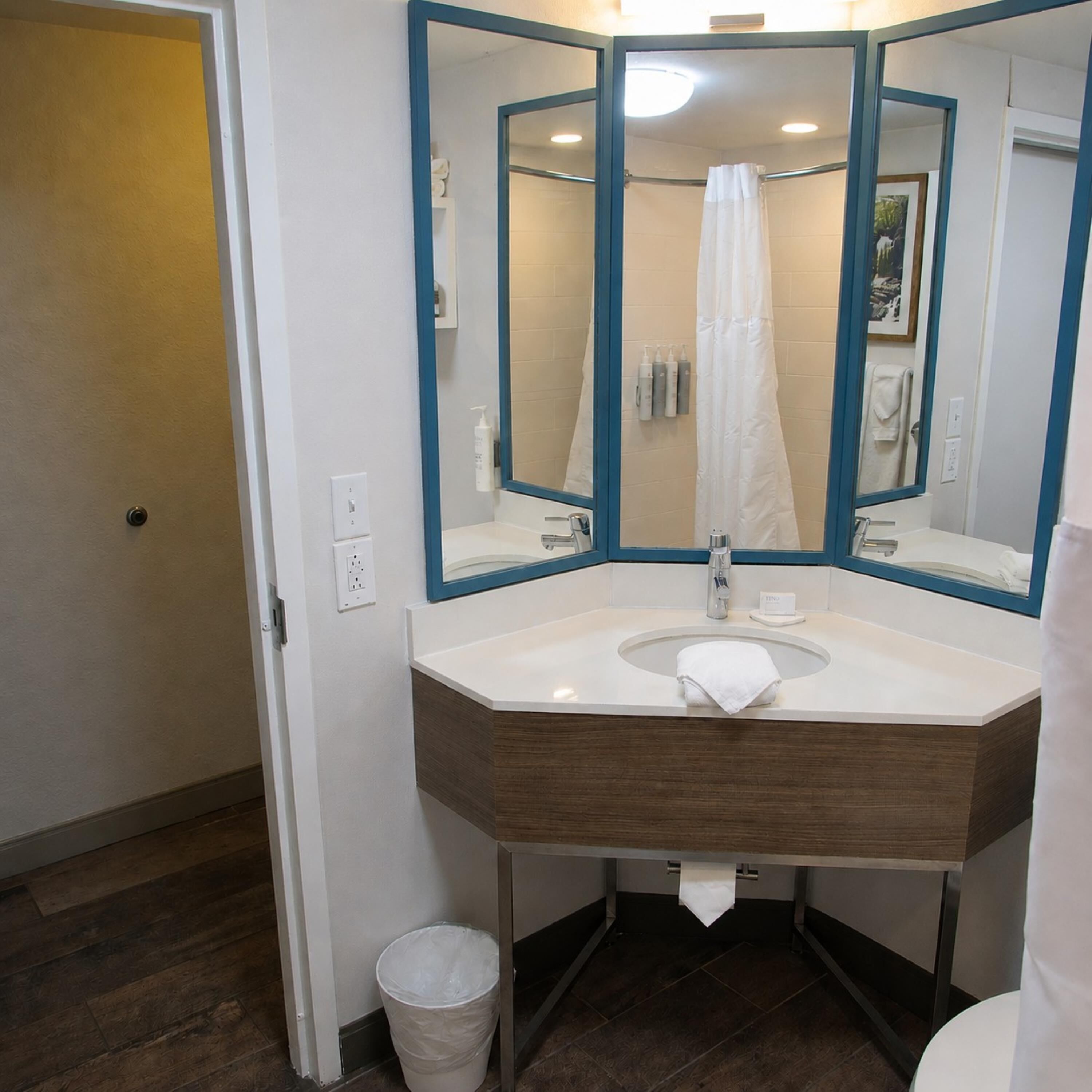 Un baño con lavamanos doble, espejo, cortina de ducha y cubo de basura.