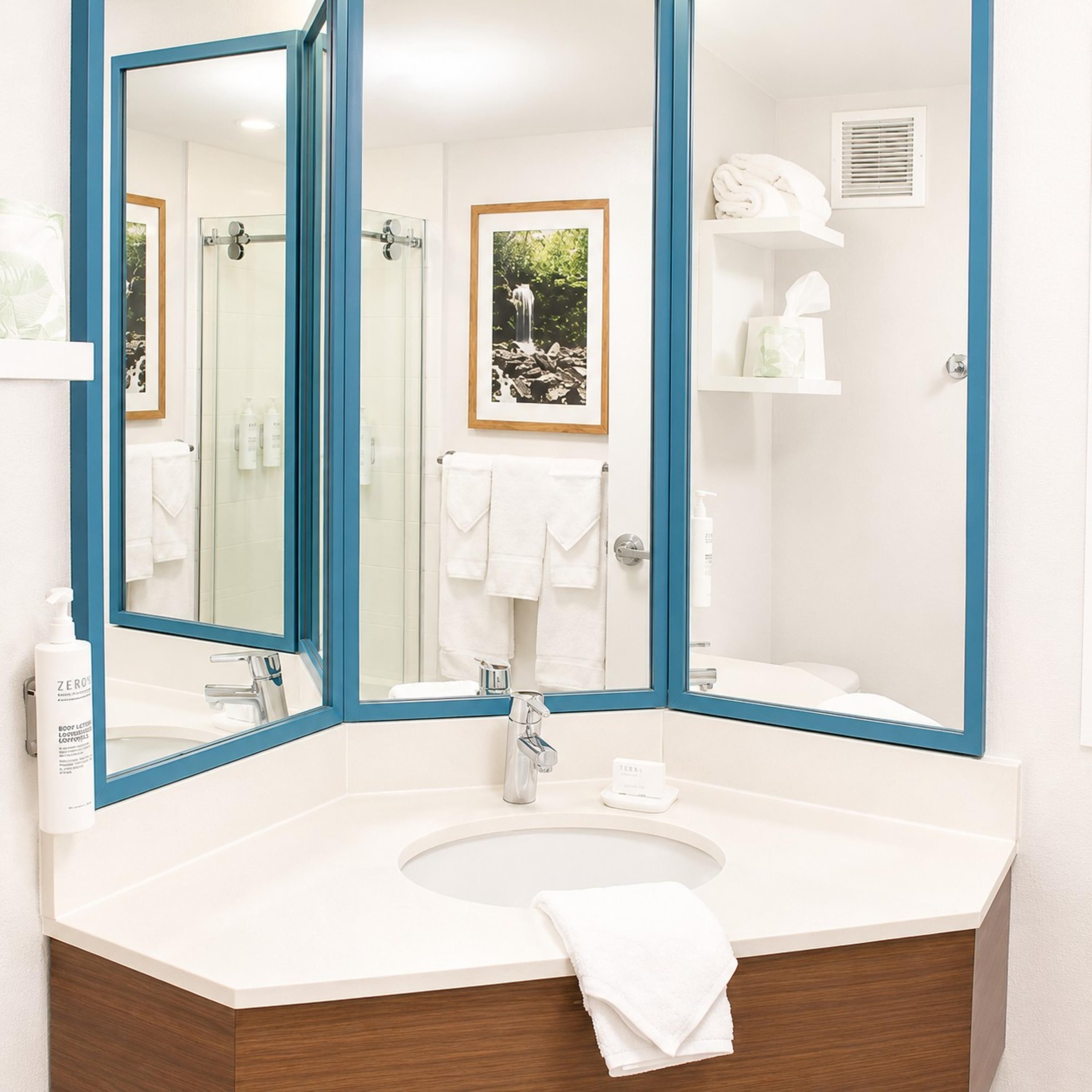 A bathroom with a white sink, a large mirror with a blue frame, a shower, and a towel rack.