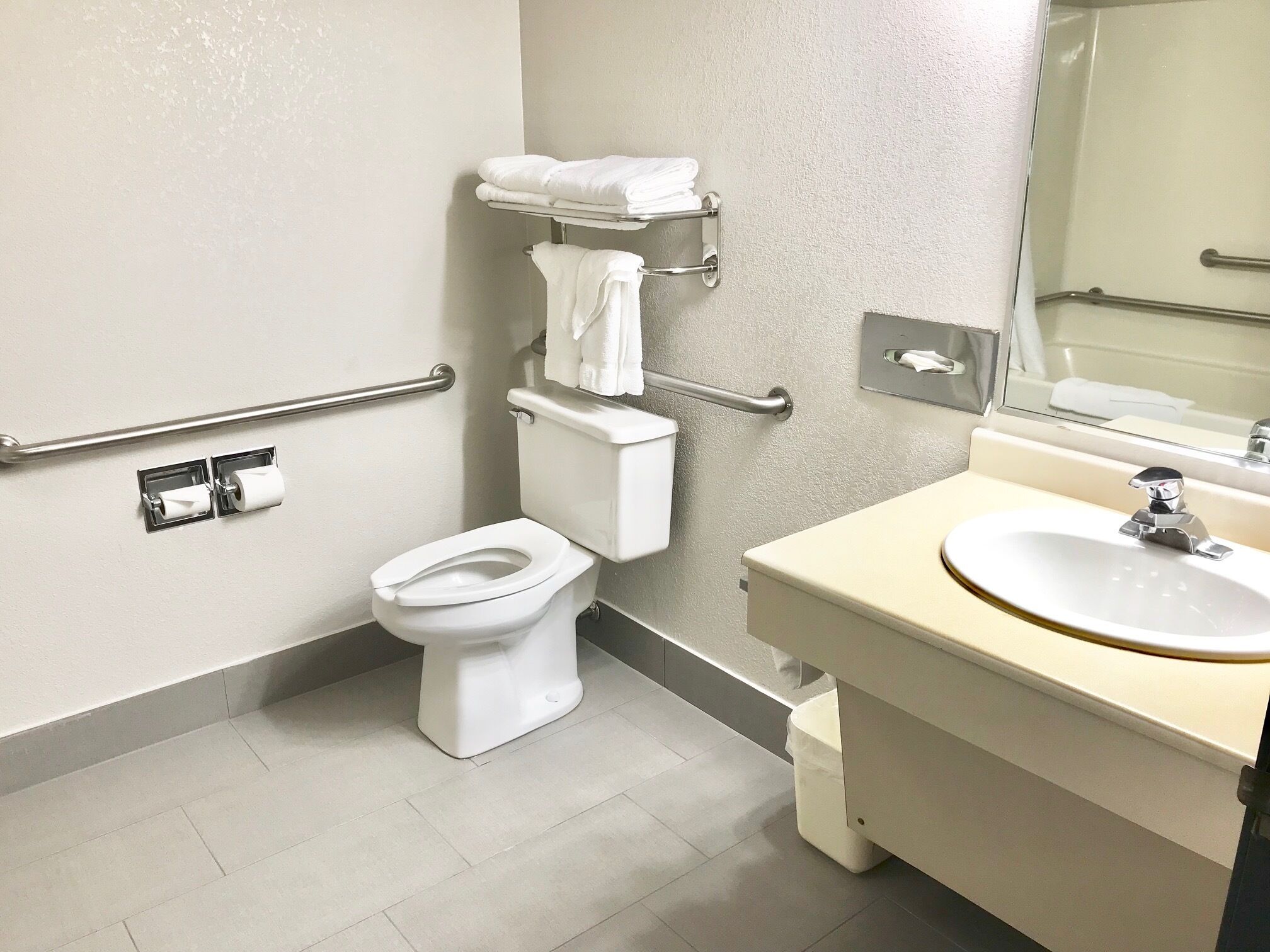A modern bathroom with a toilet, handrails, a sink, and a mirror.