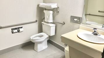 A modern bathroom with a toilet, handrails, a sink, and a mirror.