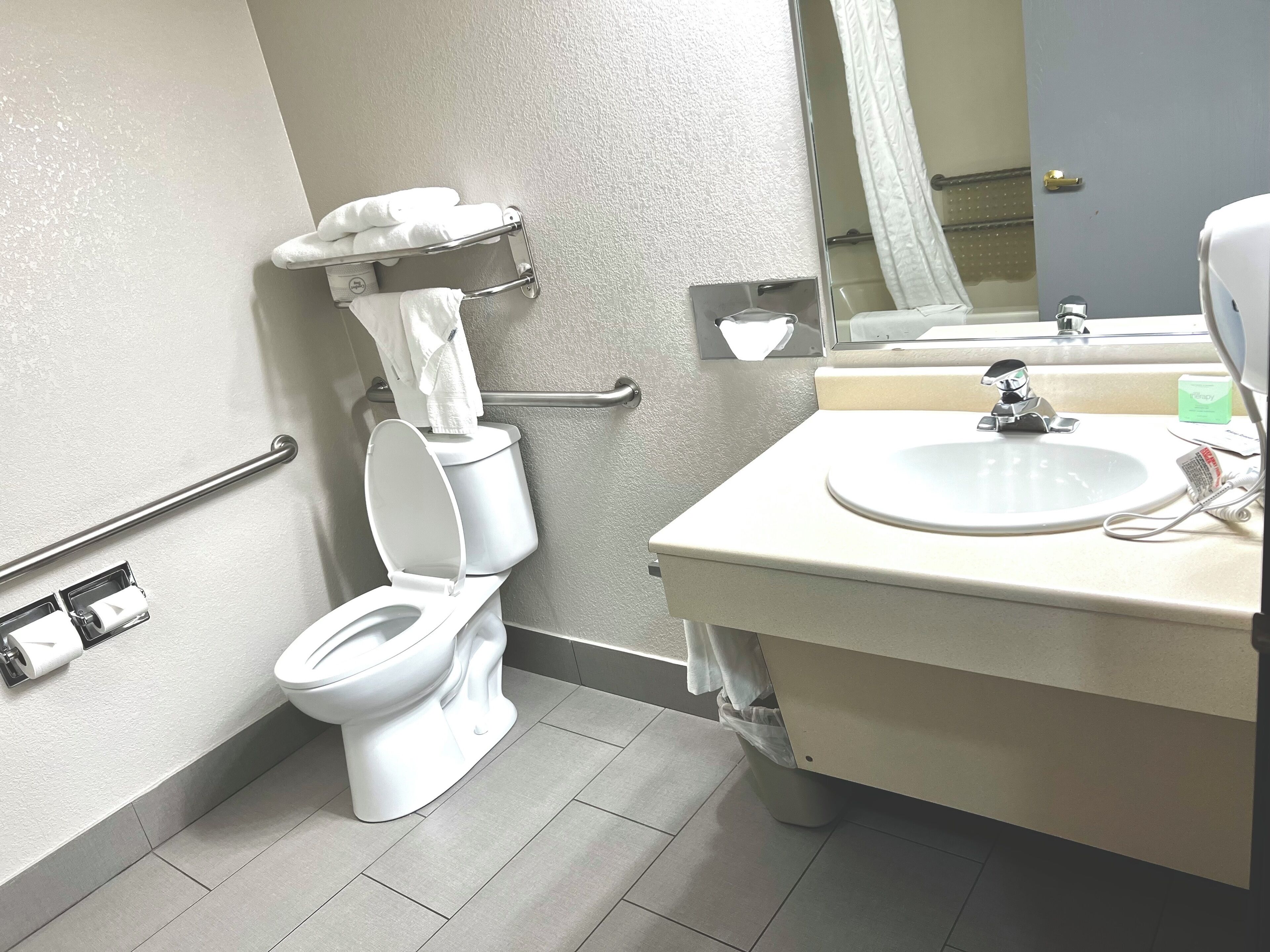 A modern bathroom with a toilet, a sink, and a mirror.