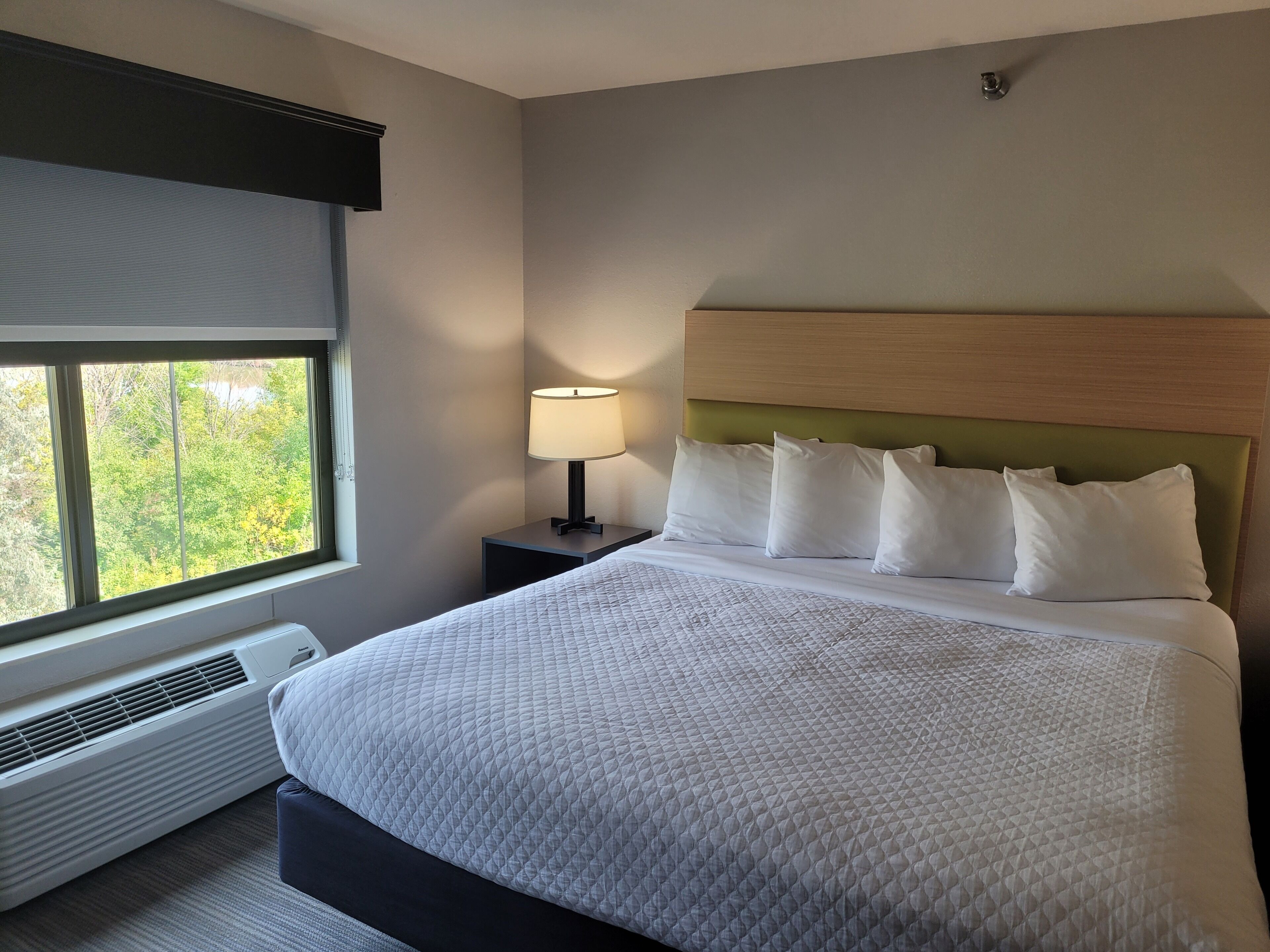 hypo-allergenic bedding, down duvets, desk, blackout curtains