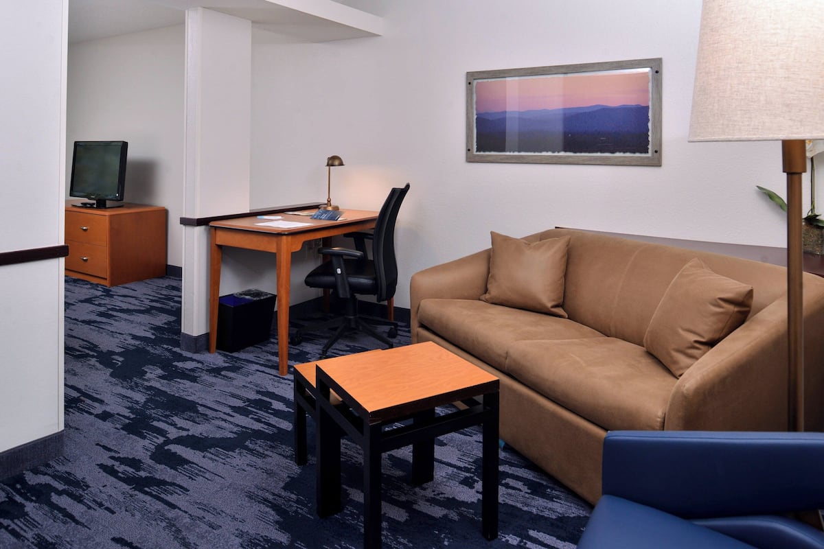 A hotel room with a brown sofa, a small wooden table, a desk with a lamp, a chair, a television, and a framed picture on the wall.